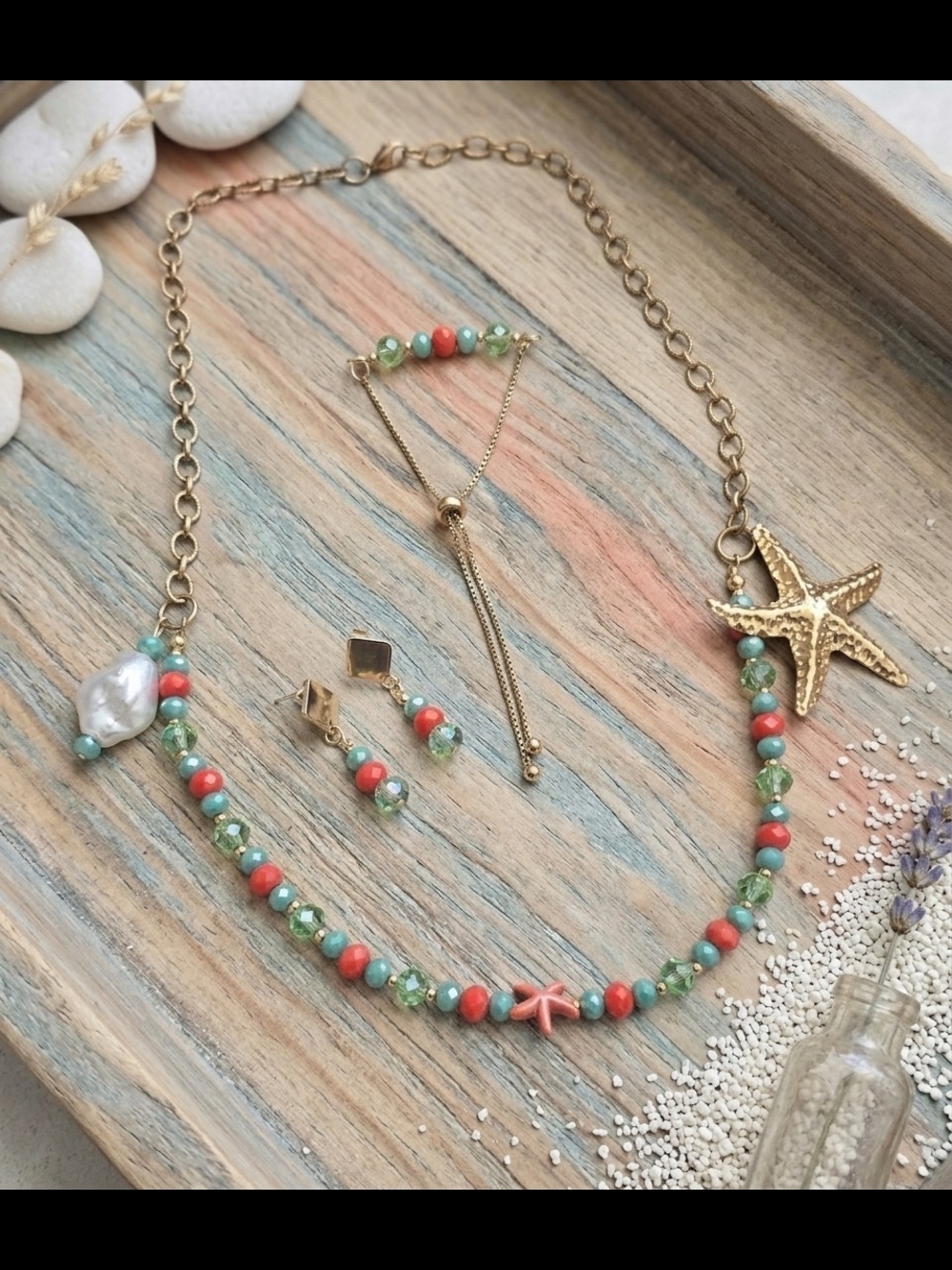 New Gold Starfish Pendant Necklace with Coral and Aqua Crystals Beads